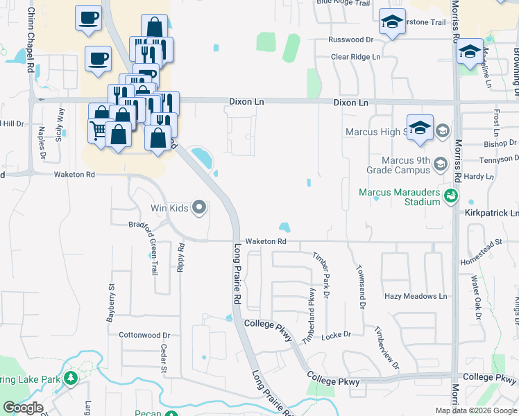map of restaurants, bars, coffee shops, grocery stores, and more near 5798 Long Prairie Road in Flower Mound