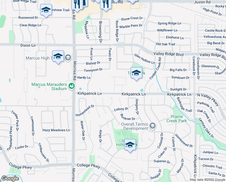 map of restaurants, bars, coffee shops, grocery stores, and more near 5501 Calisto Way in Flower Mound