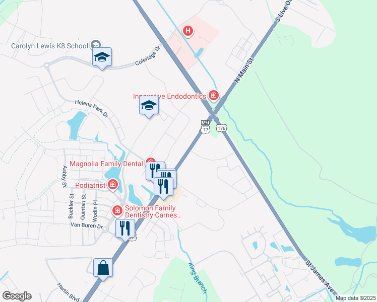map of restaurants, bars, coffee shops, grocery stores, and more near 2831 North Main Street in Summerville