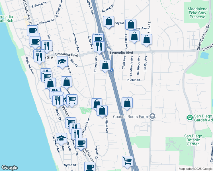 map of restaurants, bars, coffee shops, grocery stores, and more near 645 Ocean View Avenue in Encinitas