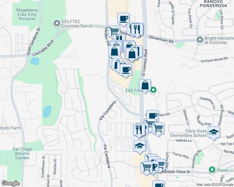 map of restaurants, bars, coffee shops, grocery stores, and more near 1047 Cottage Way in Encinitas