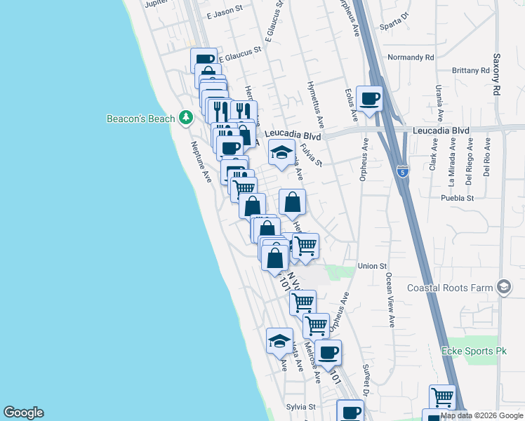 map of restaurants, bars, coffee shops, grocery stores, and more near 641 North Vulcan Avenue in Encinitas