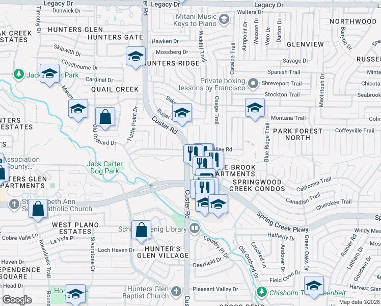 map of restaurants, bars, coffee shops, grocery stores, and more near 2101 Apple Valley Road in Plano