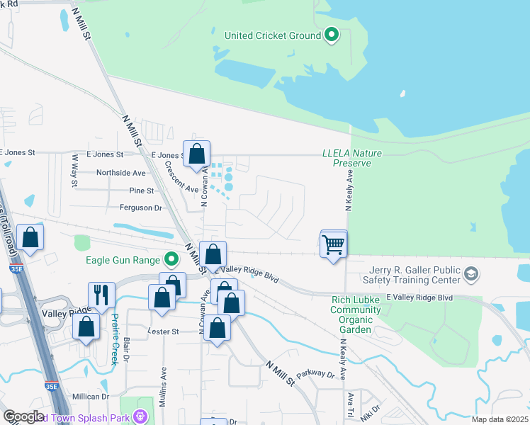 map of restaurants, bars, coffee shops, grocery stores, and more near 127 Ridgeway Circle in Lewisville