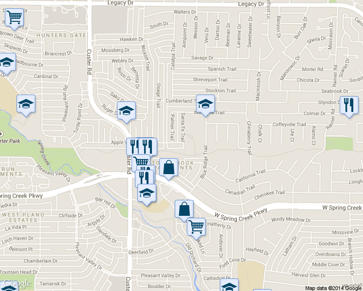 map of restaurants, bars, coffee shops, grocery stores, and more near 6501 Santa Fe Trail in Plano