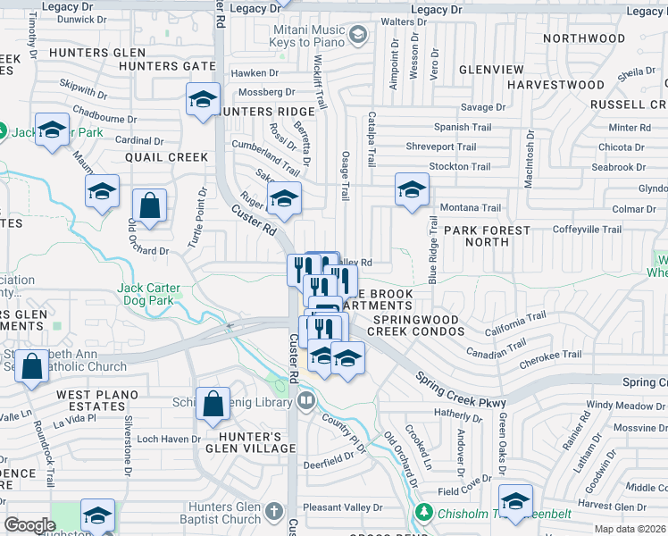 map of restaurants, bars, coffee shops, grocery stores, and more near 6501 Butterfield Court in Plano