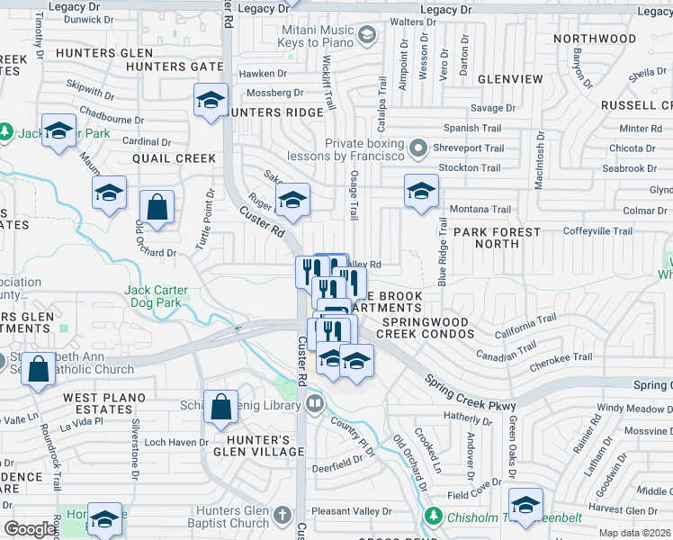 map of restaurants, bars, coffee shops, grocery stores, and more near 6501 Butterfield Court in Plano