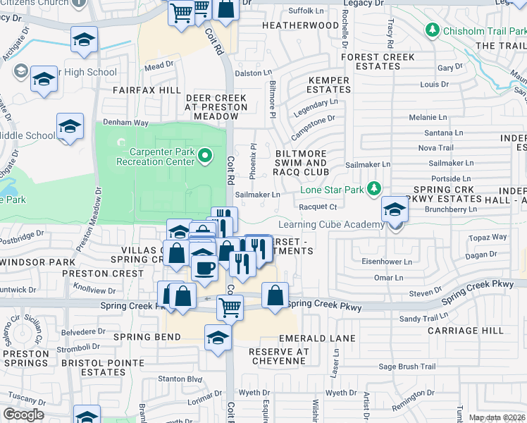 map of restaurants, bars, coffee shops, grocery stores, and more near 6516 Spur Ranch Court in Plano