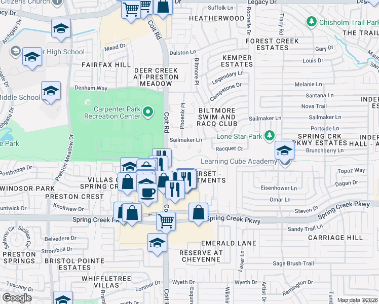 map of restaurants, bars, coffee shops, grocery stores, and more near 6516 Spur Ranch Court in Plano