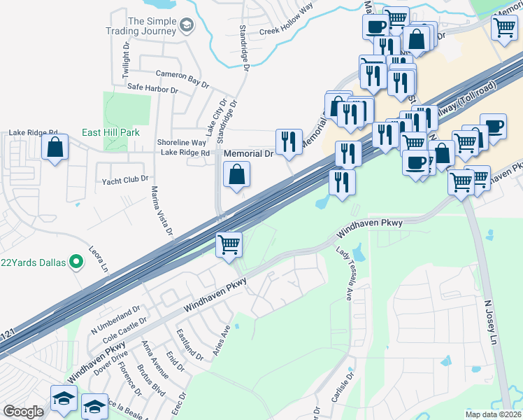 map of restaurants, bars, coffee shops, grocery stores, and more near 4001 Texas 121 in The Colony