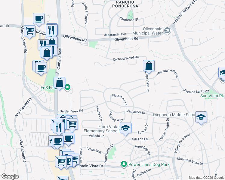 map of restaurants, bars, coffee shops, grocery stores, and more near 2087 Wandering Road in Encinitas