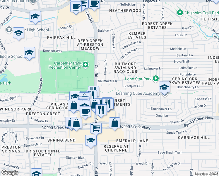 map of restaurants, bars, coffee shops, grocery stores, and more near 6516 Spur Ranch Court in Plano