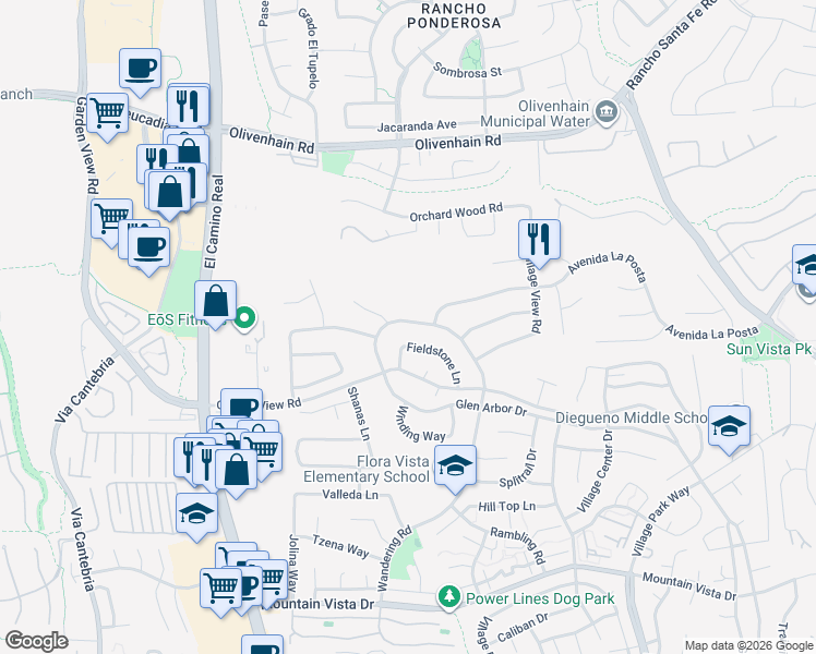 map of restaurants, bars, coffee shops, grocery stores, and more near 2072 Wandering Road in Encinitas