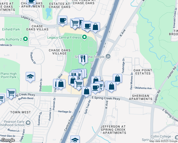 map of restaurants, bars, coffee shops, grocery stores, and more near 6500 Excellence Way in Plano