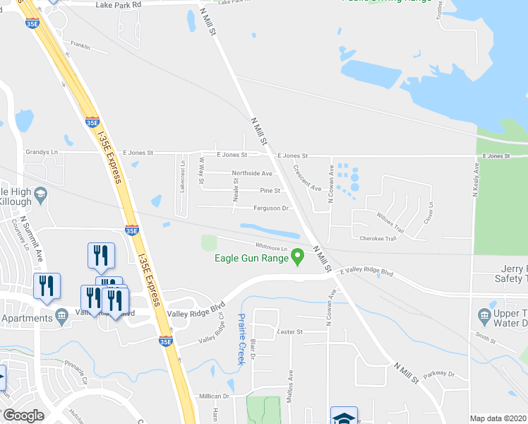 map of restaurants, bars, coffee shops, grocery stores, and more near 542 Ferguson Drive in Lewisville