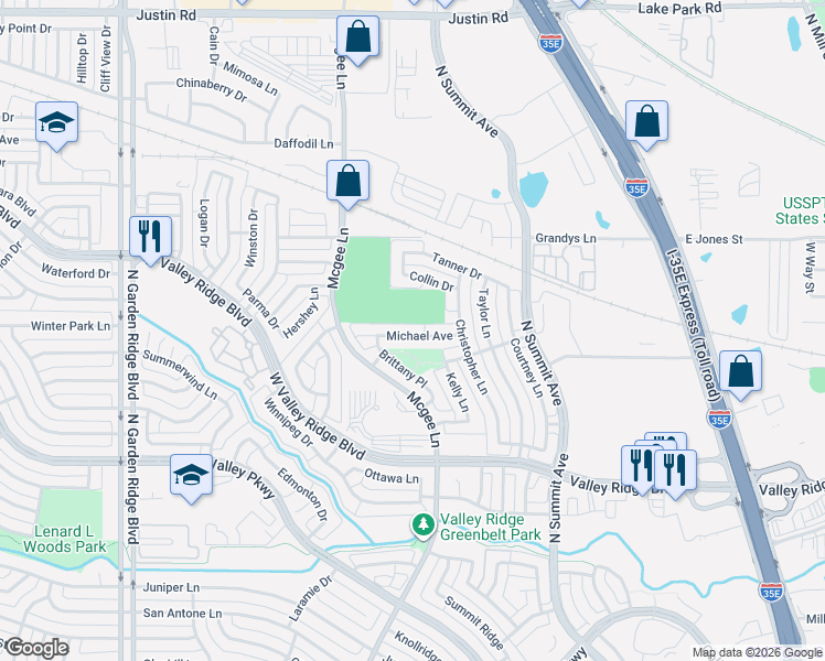 map of restaurants, bars, coffee shops, grocery stores, and more near 1237 Michael Avenue in Lewisville