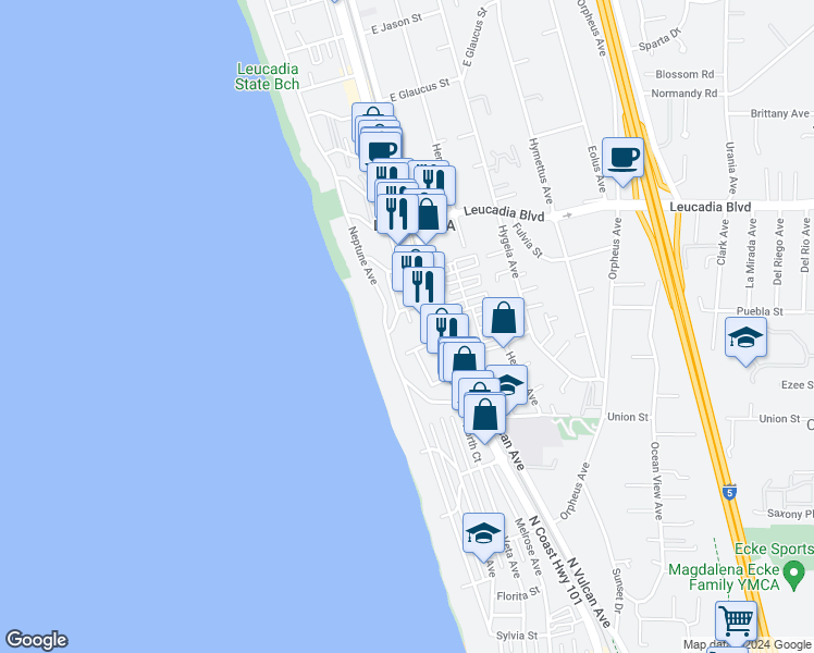 map of restaurants, bars, coffee shops, grocery stores, and more near 674 Calypso Place in Encinitas