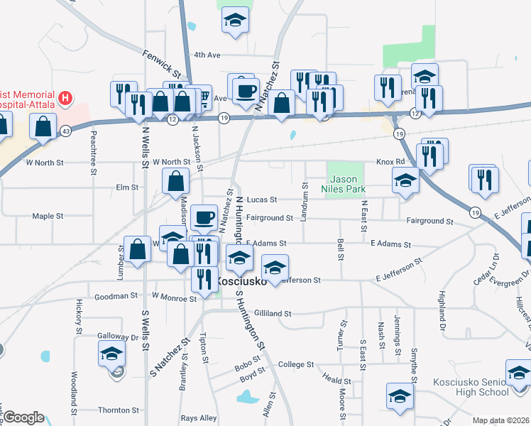 map of restaurants, bars, coffee shops, grocery stores, and more near 311 Lucas Street in Kosciusko