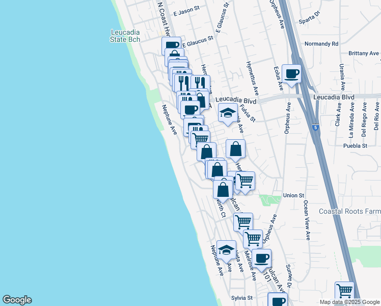 map of restaurants, bars, coffee shops, grocery stores, and more near 674 Calypso Place in Encinitas