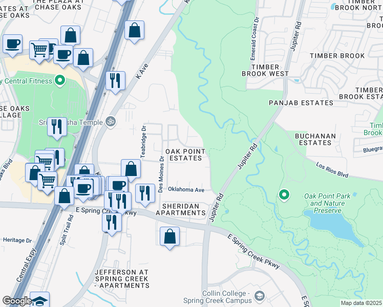 map of restaurants, bars, coffee shops, grocery stores, and more near 6417 Hickory Hill Drive in Plano