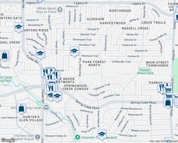 map of restaurants, bars, coffee shops, grocery stores, and more near 6512 Burrows Court in Plano