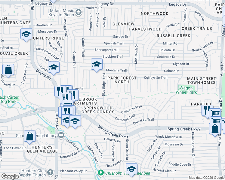 map of restaurants, bars, coffee shops, grocery stores, and more near 6513 Ember Court in Plano