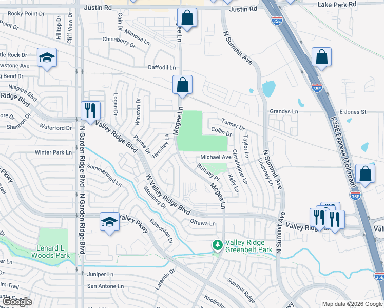 map of restaurants, bars, coffee shops, grocery stores, and more near 1269 Michael Avenue in Lewisville