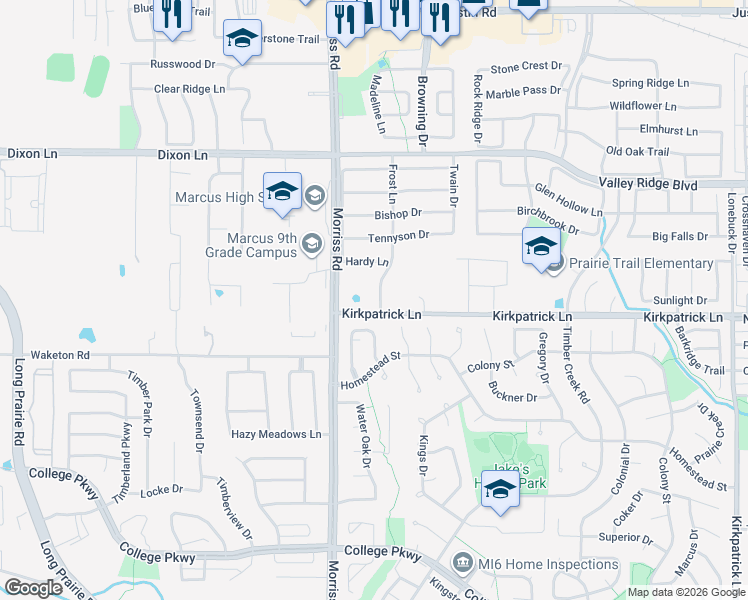 map of restaurants, bars, coffee shops, grocery stores, and more near 2100 Kirkpatrick Lane in Flower Mound