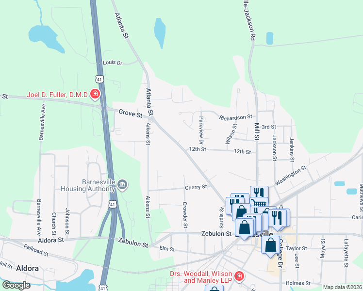 map of restaurants, bars, coffee shops, grocery stores, and more near 375 Atlanta Street in Barnesville