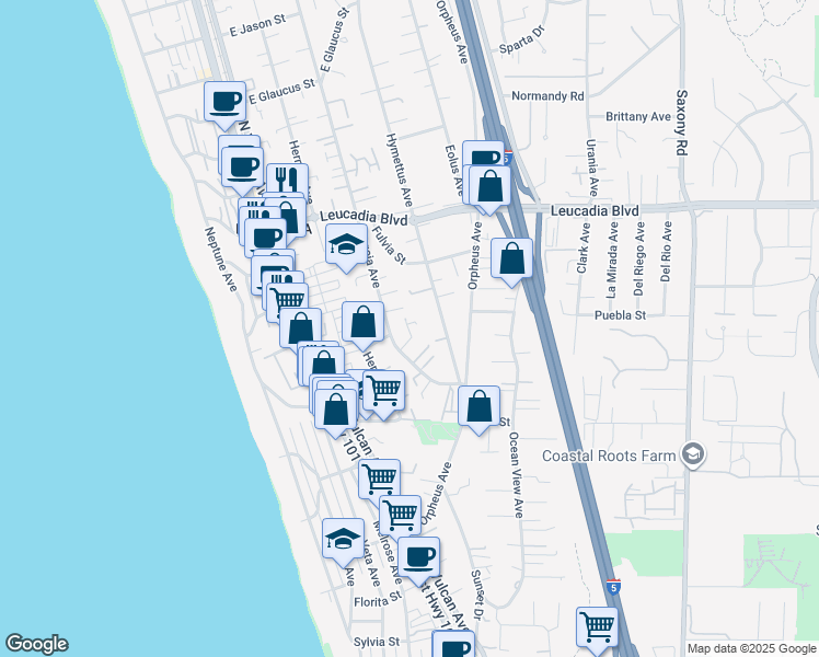 map of restaurants, bars, coffee shops, grocery stores, and more near 579 Hygeia Avenue in Encinitas