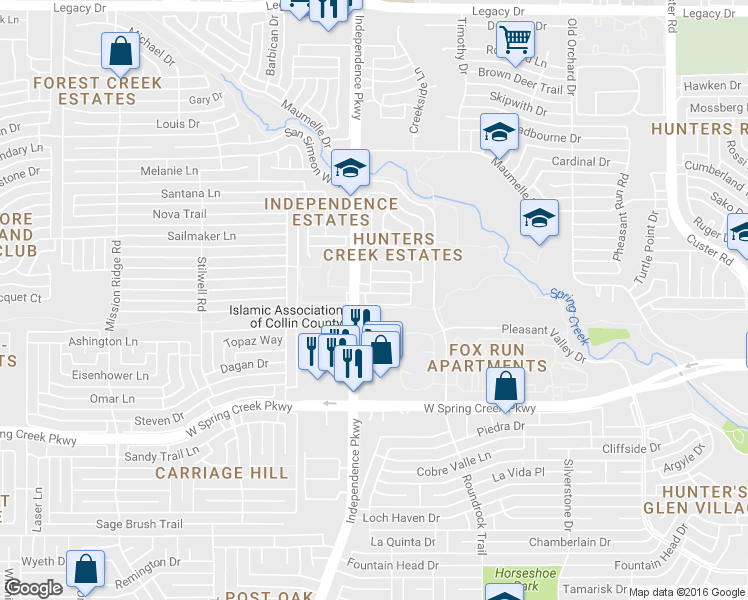 map of restaurants, bars, coffee shops, grocery stores, and more near 6501 Copperfield Lane in Plano