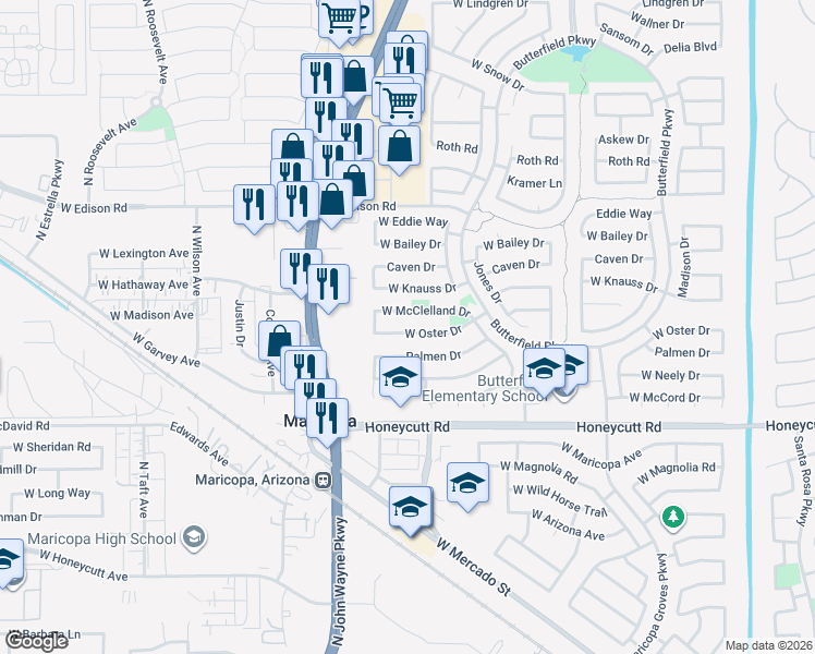 map of restaurants, bars, coffee shops, grocery stores, and more near 44319 McClelland Drive in Maricopa
