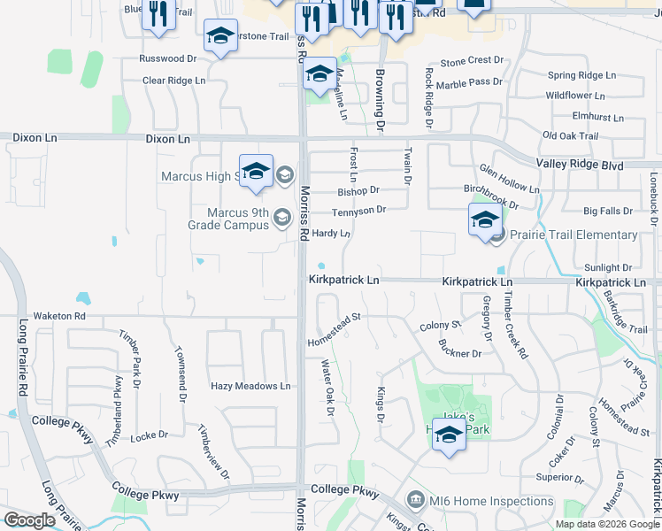 map of restaurants, bars, coffee shops, grocery stores, and more near 2100 Kirkpatrick Lane in Flower Mound