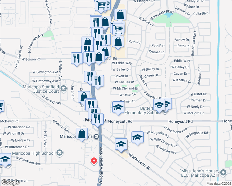 map of restaurants, bars, coffee shops, grocery stores, and more near 44451 McClelland Drive in Maricopa