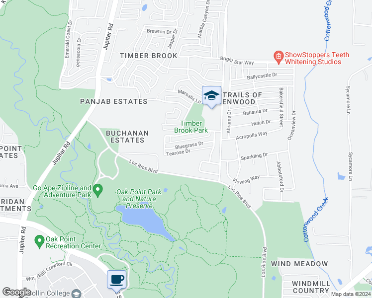 map of restaurants, bars, coffee shops, grocery stores, and more near 3404 Bluegrass Drive in Plano