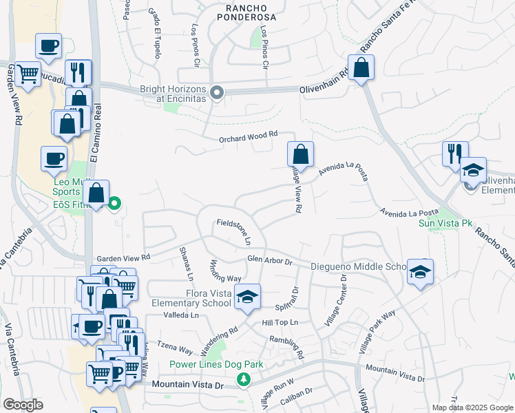 map of restaurants, bars, coffee shops, grocery stores, and more near 1420 Tres Hermanas Way in Encinitas