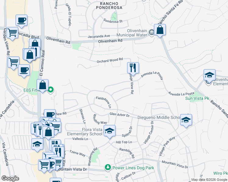 map of restaurants, bars, coffee shops, grocery stores, and more near 1420 Tres Hermanas Way in Encinitas