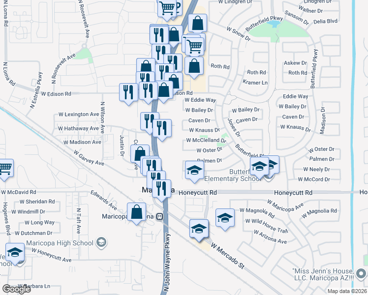map of restaurants, bars, coffee shops, grocery stores, and more near 44451 McClelland Drive in Maricopa