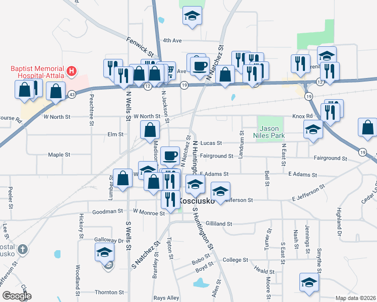 map of restaurants, bars, coffee shops, grocery stores, and more near 404 North Huntington Street in Kosciusko