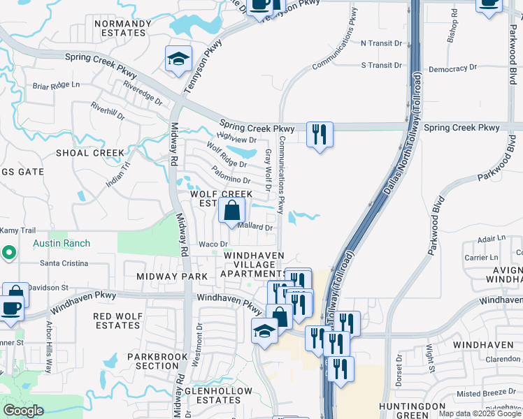 map of restaurants, bars, coffee shops, grocery stores, and more near 6417 Teal Court in Plano