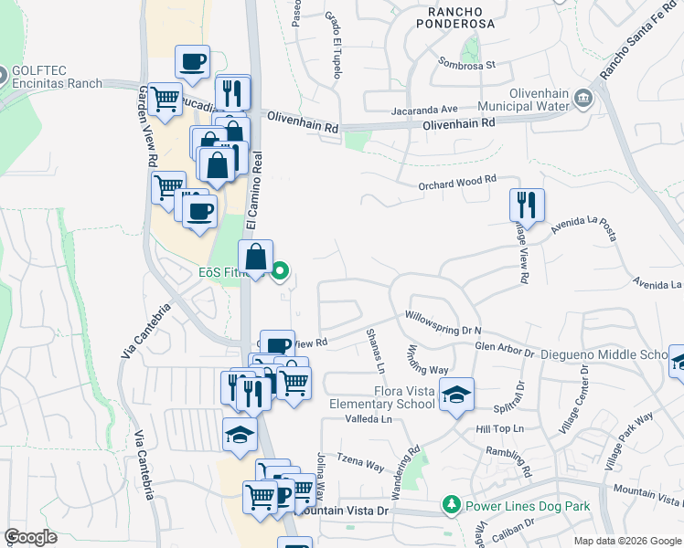 map of restaurants, bars, coffee shops, grocery stores, and more near 1650 Buttercup Road in Encinitas