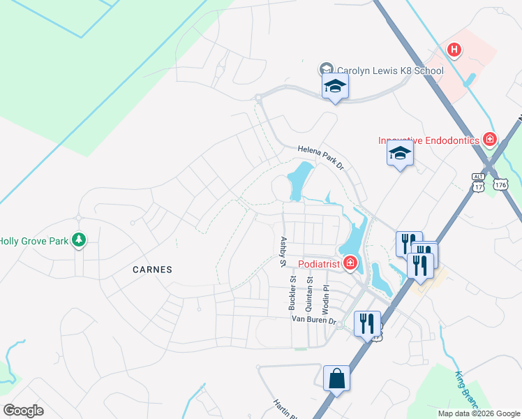 map of restaurants, bars, coffee shops, grocery stores, and more near 185 Callibluff Drive in Summerville