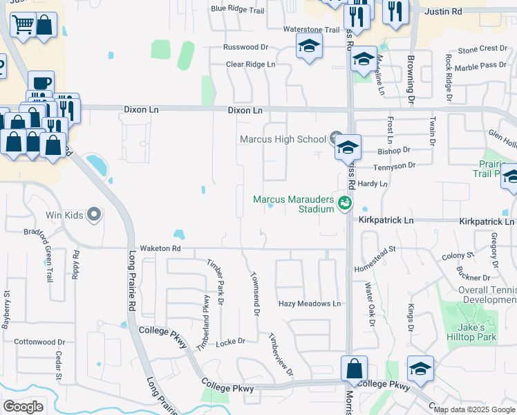 map of restaurants, bars, coffee shops, grocery stores, and more near 5613 Lavon Drive in Flower Mound