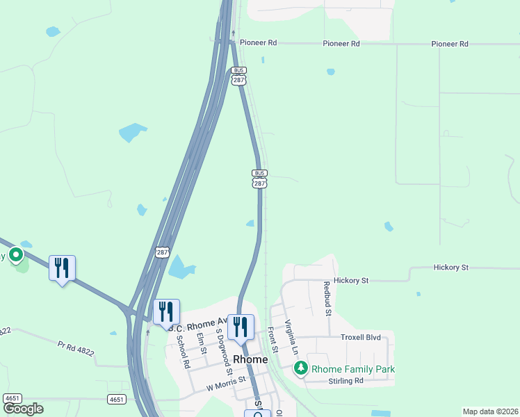 map of restaurants, bars, coffee shops, grocery stores, and more near North Main Street in Rhome