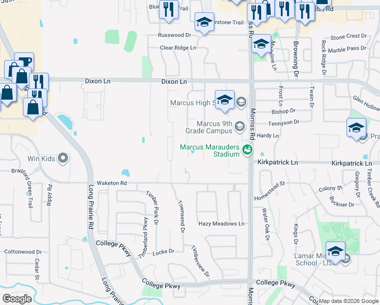 map of restaurants, bars, coffee shops, grocery stores, and more near 5600 Lavon Drive in Flower Mound