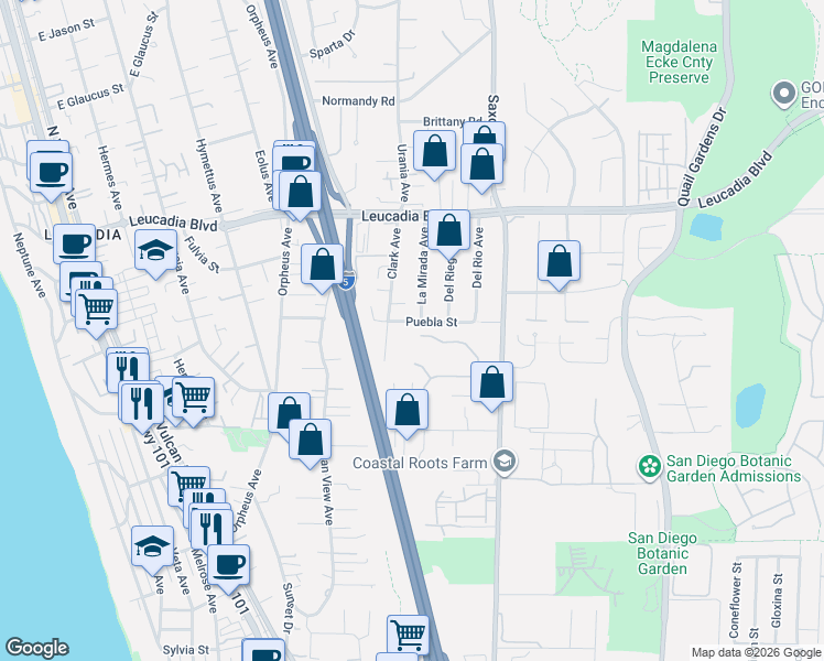 map of restaurants, bars, coffee shops, grocery stores, and more near 620 Puebla Street in Encinitas