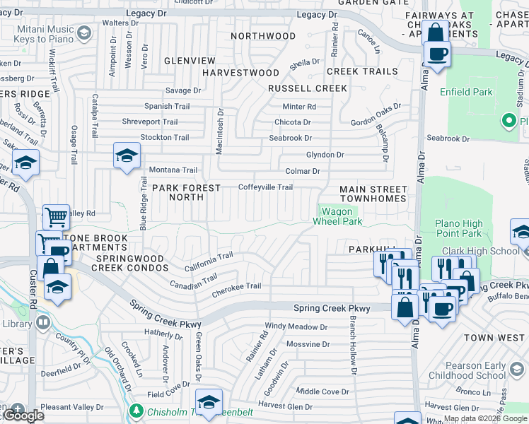 map of restaurants, bars, coffee shops, grocery stores, and more near 6512 Ute Court in Plano