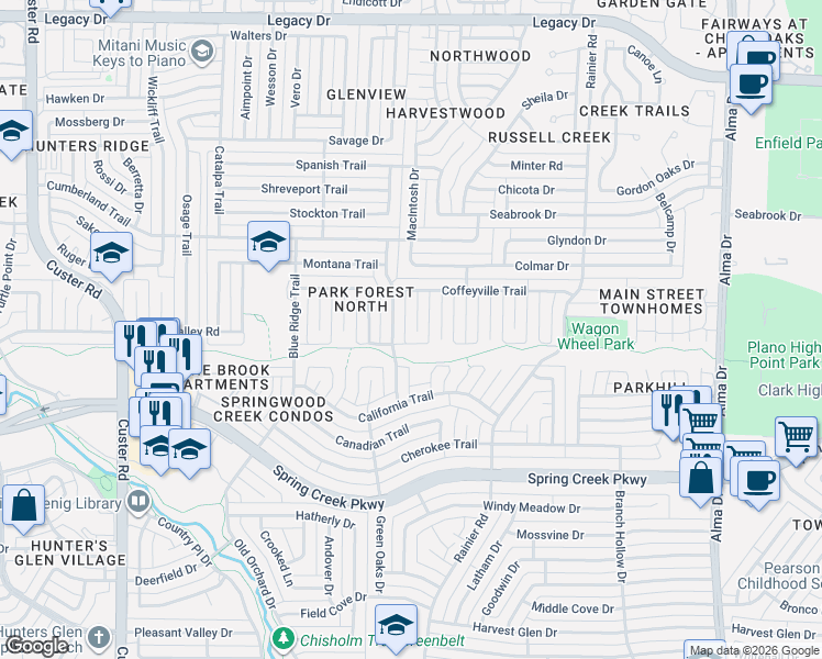 map of restaurants, bars, coffee shops, grocery stores, and more near 6512 Chalk Court in Plano