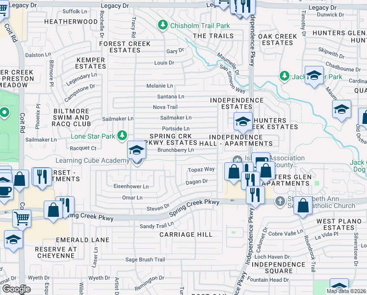 map of restaurants, bars, coffee shops, grocery stores, and more near 3241 Brunchberry Lane in Plano