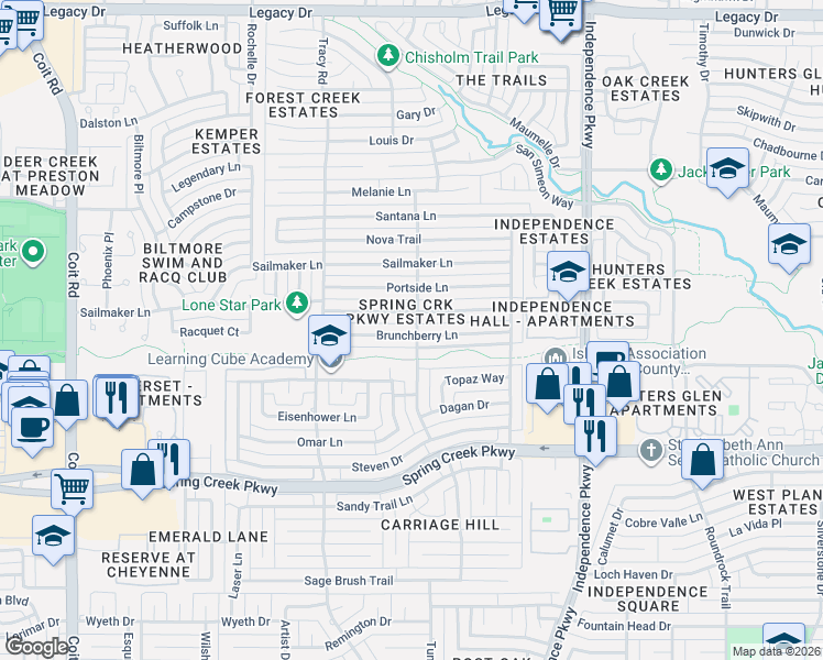 map of restaurants, bars, coffee shops, grocery stores, and more near 6410 Stilwell Road in Plano